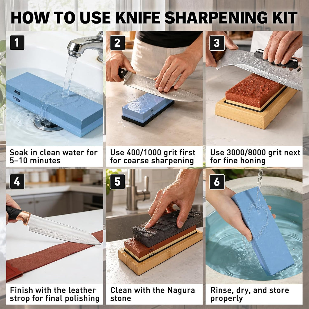 12-Piece Knife Sharpening Stone Set, Whetstone 4 Side 400/1000 3000/8000 Grit, Whetstone Knife Sharpener Stone Kit