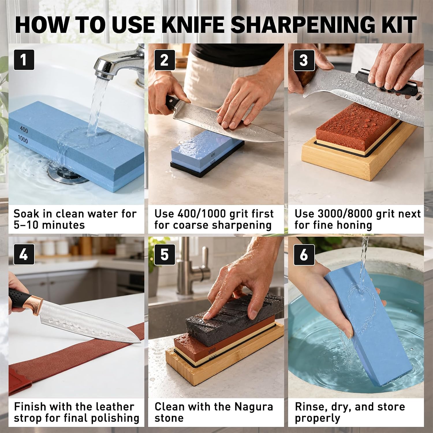 12-Piece Knife Sharpening Stone Set, Whetstone 4 Side 400/1000 3000/8000 Grit, Whetstone Knife Sharpener Stone Kit
