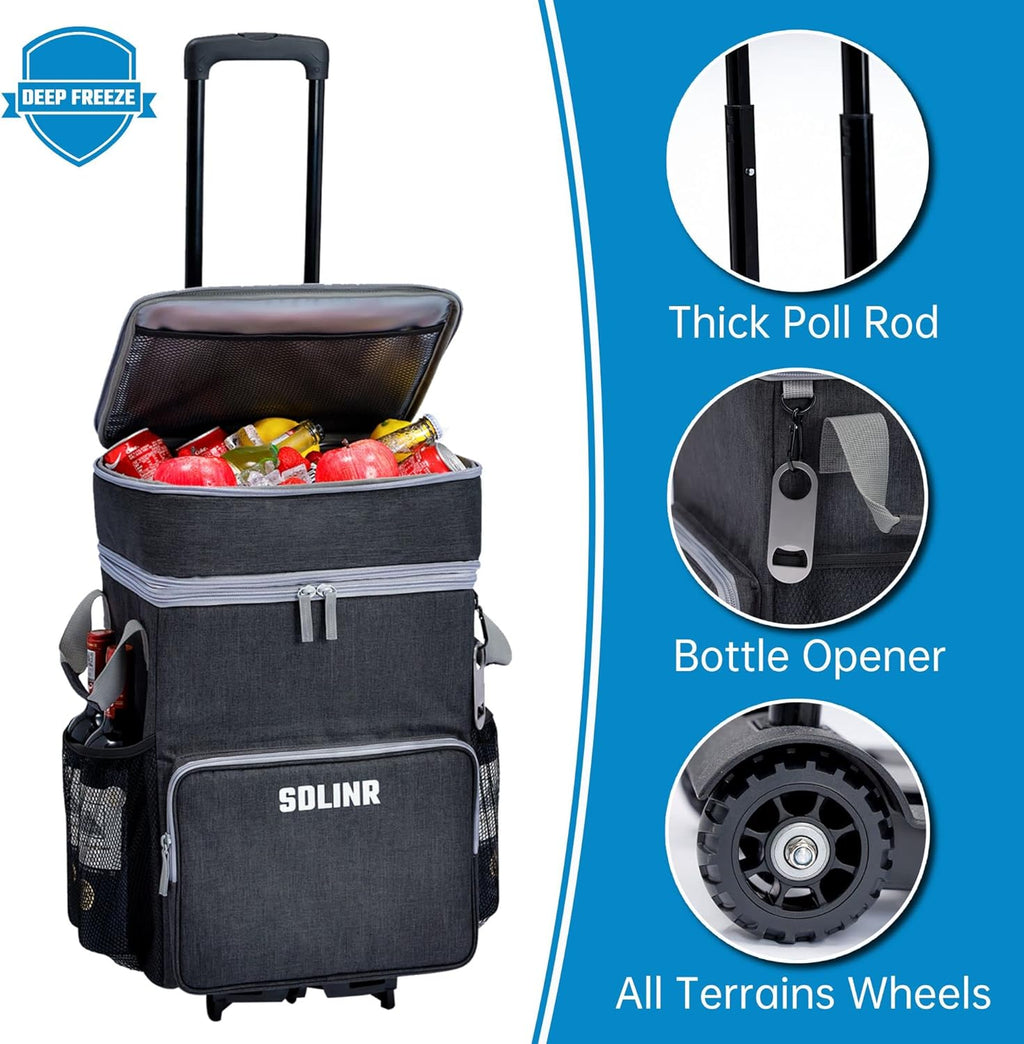 Collapsible Cooler with Wheels, Rolling Cooler Bag for Beach Travel | Two-layer Large Capacity, Leakproof Food-grade