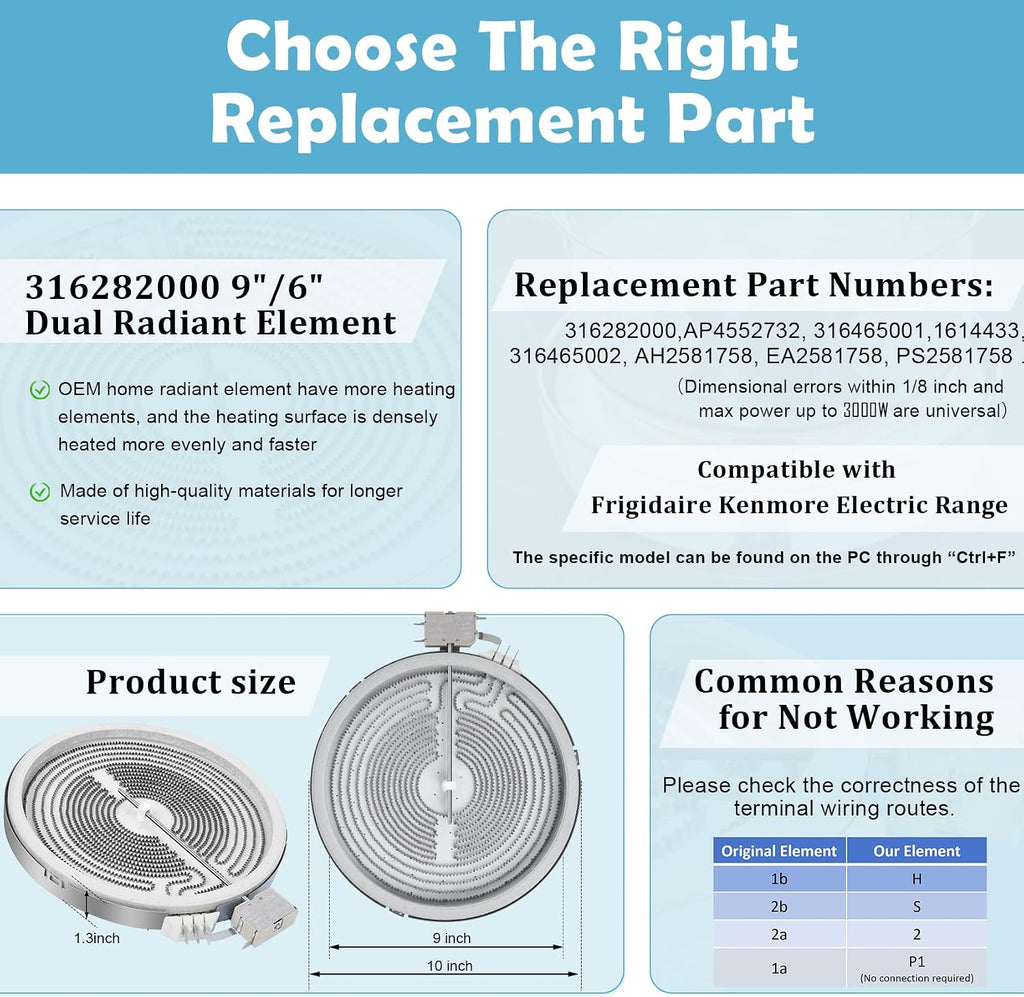 316282000 5304533520 Dual Radiant Element Compatible with Frigidaire Stove