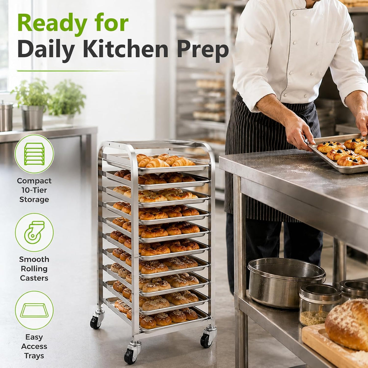 10-Tier Sheet Pan Rack with Wheels for Home Bakery Rolling Cart Fits 1/2 & 1/4 Sheet Pans, Commercial Grade Bread