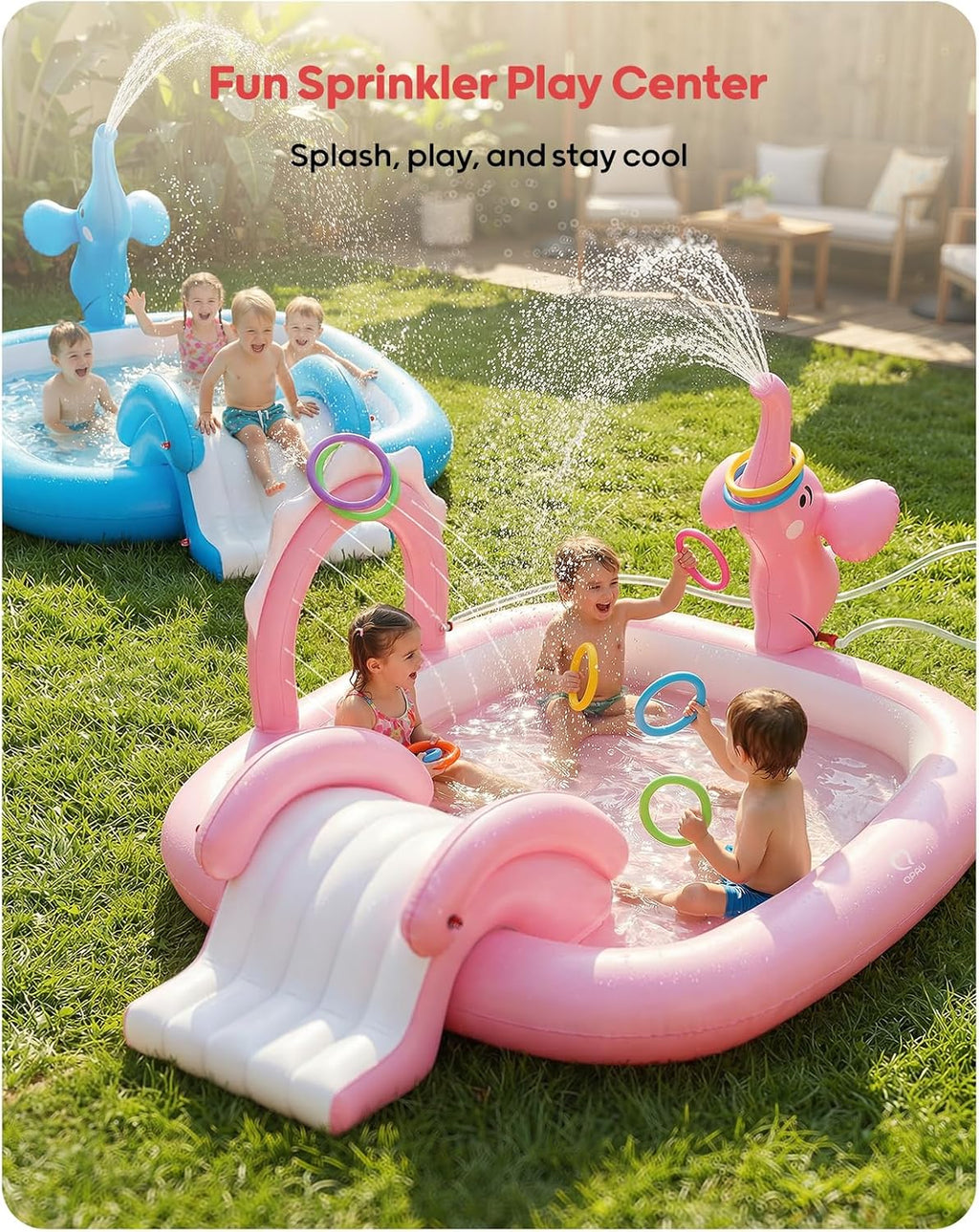Elephant Kids Pool with Slide and Sprinkler, Inflatable Play Center with 4 Rings, 72 × 64 × 37 in, Fast Inflation