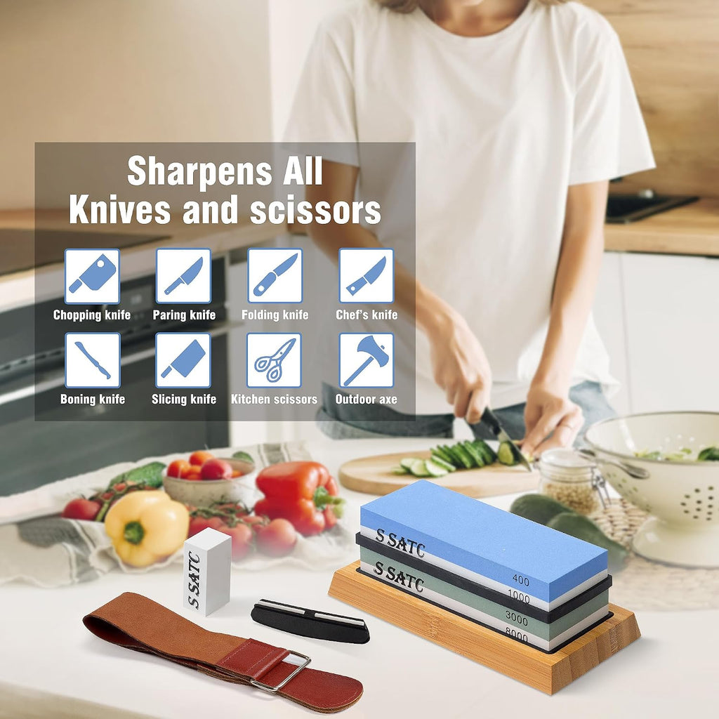 Knife Sharpening Stone Whetstone 4 Side Grit 400/1000 3000/8000 Stone Knife Sharpeners with Nonslip Rubber Bases
