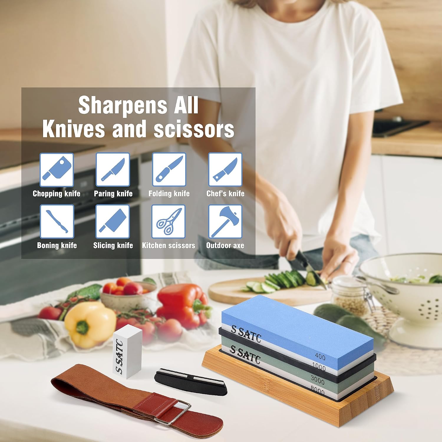 Knife Sharpening Stone Whetstone 4 Side Grit 400/1000 3000/8000 Stone Knife Sharpeners with Nonslip Rubber Bases