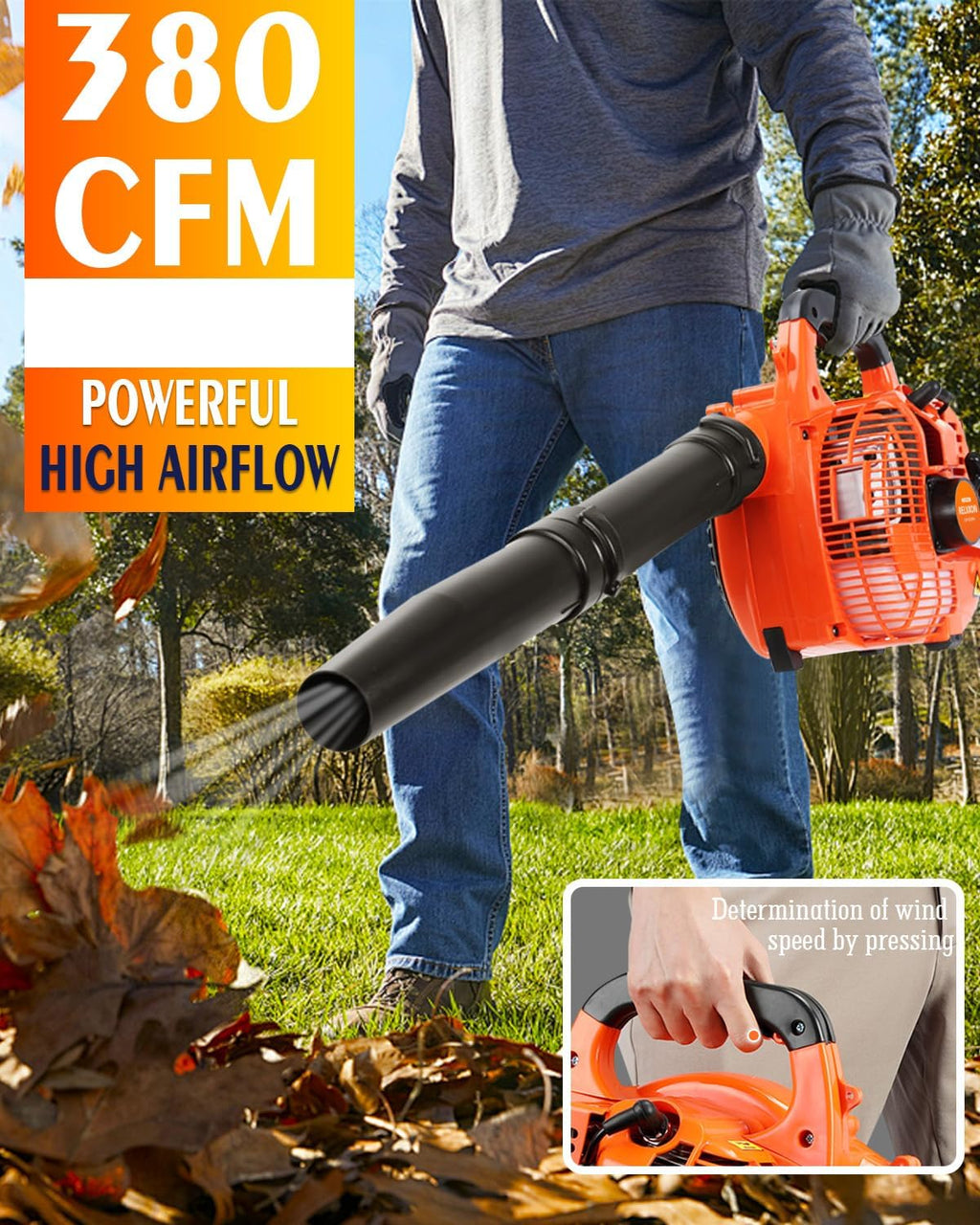 Gas Leaf Blower 26cc, 2-Cycle, Handheld, Orange | Reduced-Pull Start, 9.4 Lb Handheld Control for Damp Leaves