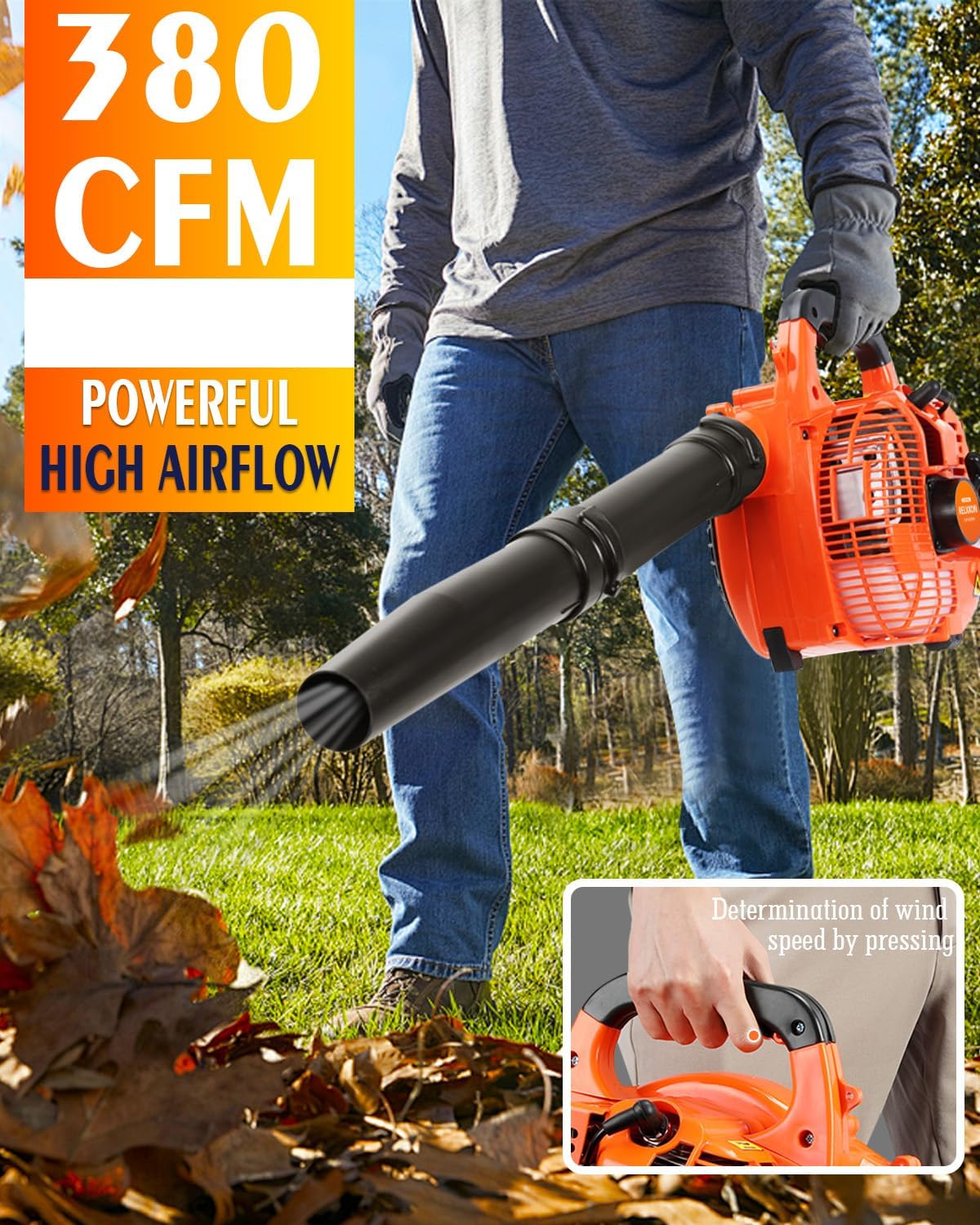 Gas Leaf Blower 26cc, 2-Cycle, Handheld, Orange | Reduced-Pull Start, 9.4 Lb Handheld Control for Damp Leaves
