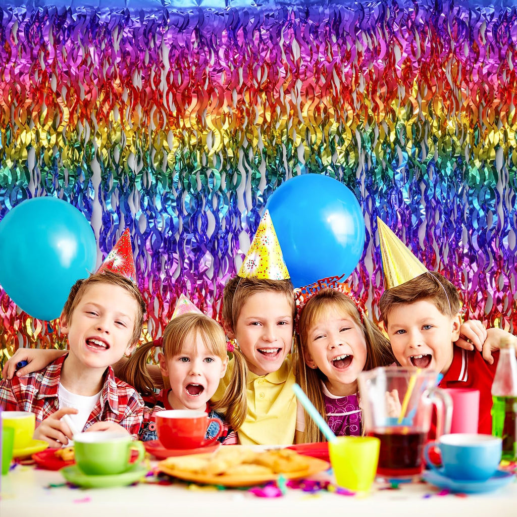 Shiny Rainbow Foil Fringe Curtain Wavy Rainbow Tinsel Streamer Backdrop for Party Decorations Birthday Wedding