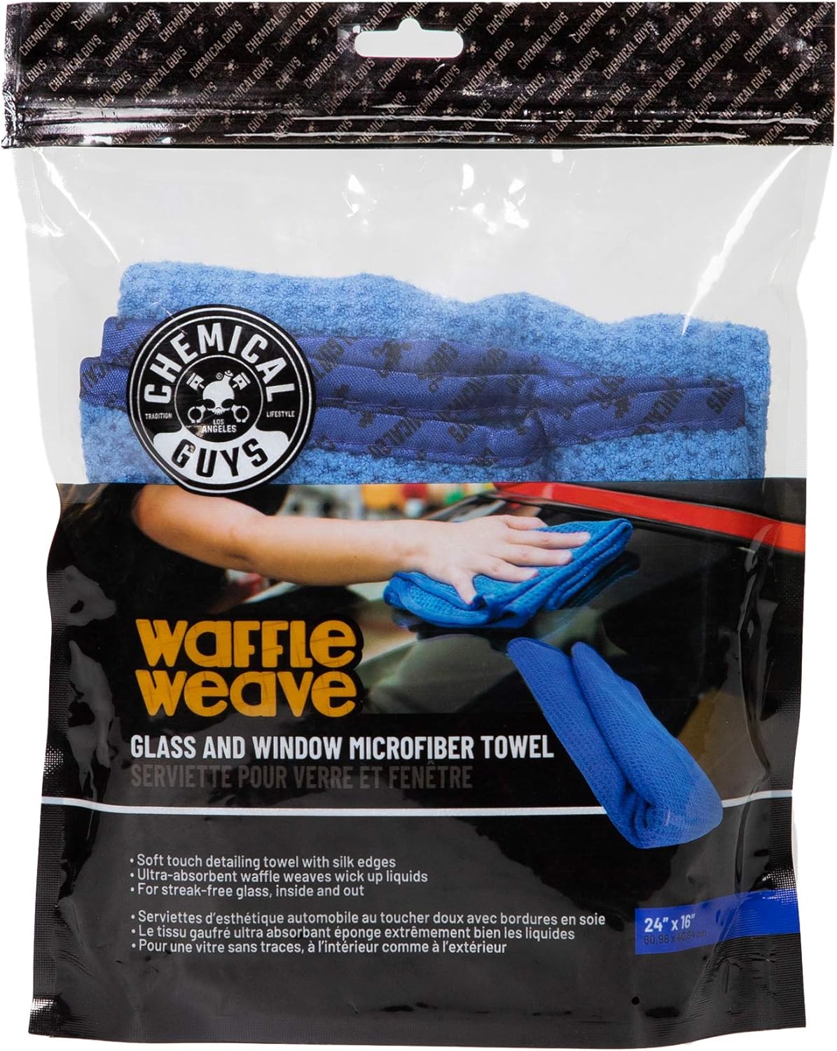 Waffle Weave Glass Cloth Microfiber Towel, Blue, 24 x 16 | Waffle-weave towel wipes glass, mirrors and windows
