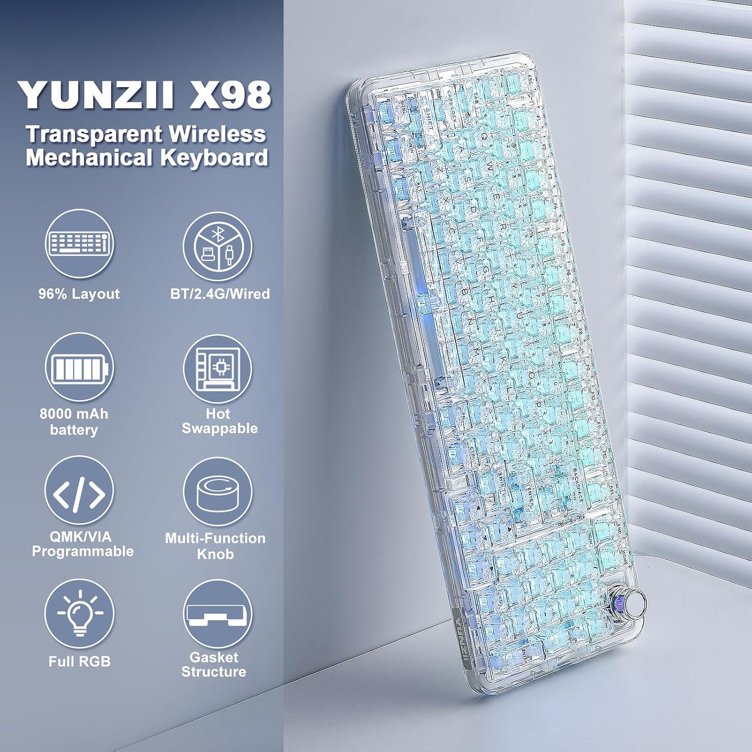 X98 Wireless Mechanical Keyboard with Knob (White, Crystal Switch) | BT5.0/USB-C/2.4GHz,1800 Layout with Number
