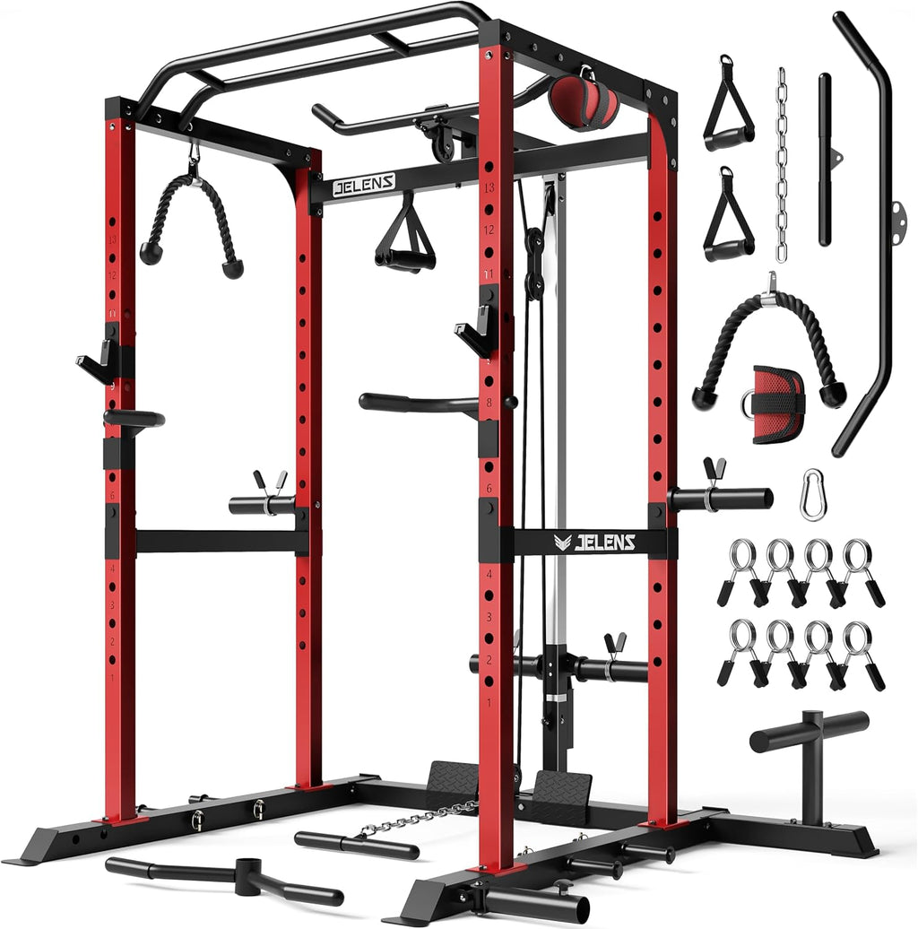 S21 Power Cage, Multi-Function Power Rack with Adjustable Cable Crossover System, 2000LBS Squat Rack for Home Gym