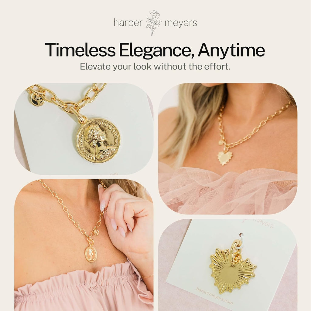 Harper Meyers Gold Medallion Necklace & Sunburst Heart Charm Bundle – Bold Statement Jewelry for Women –