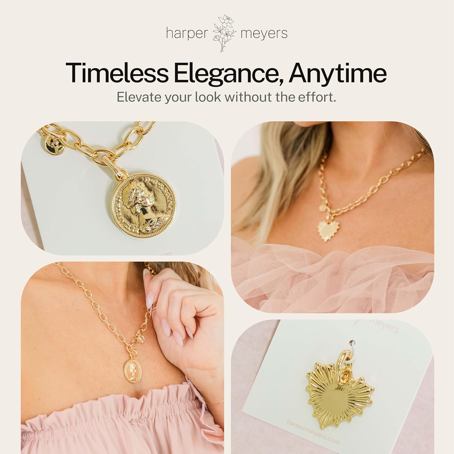 Harper Meyers Gold Medallion Necklace & Sunburst Heart Charm Bundle – Bold Statement Jewelry for Women –