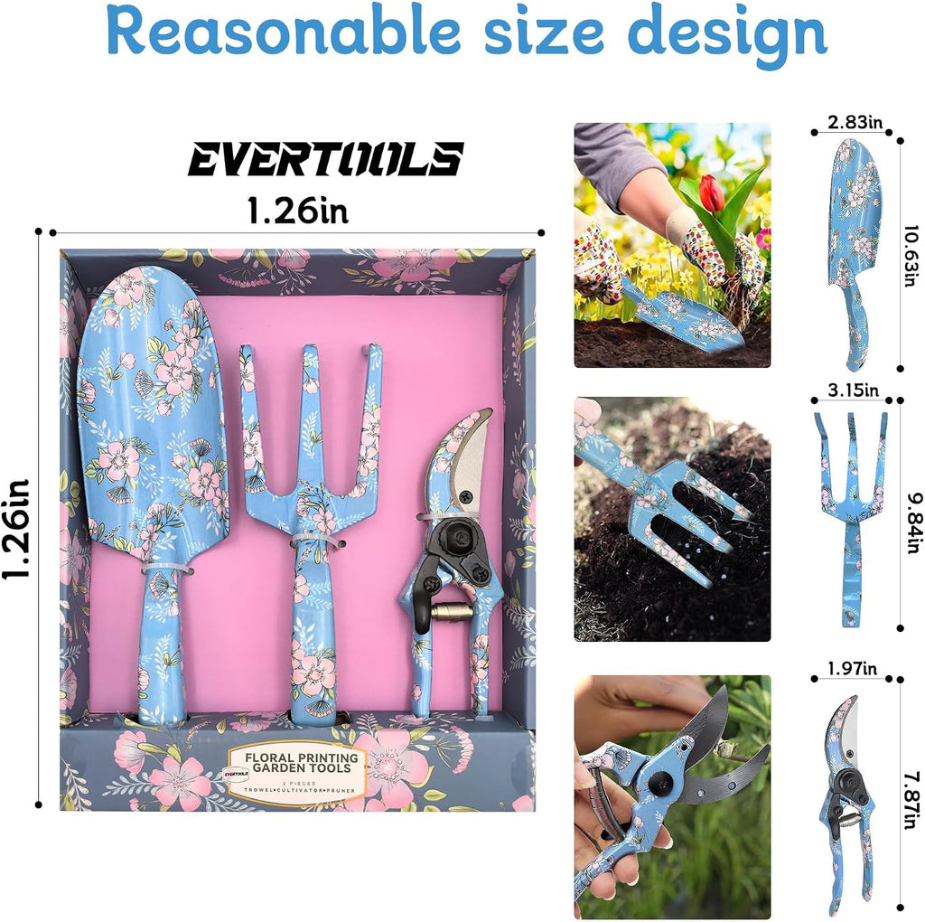 Garden Tool Set, 3 Piece Floral Gardening Tools for Women, Aluminum Gardening Hand Tools with Trowel, Hand Rake &