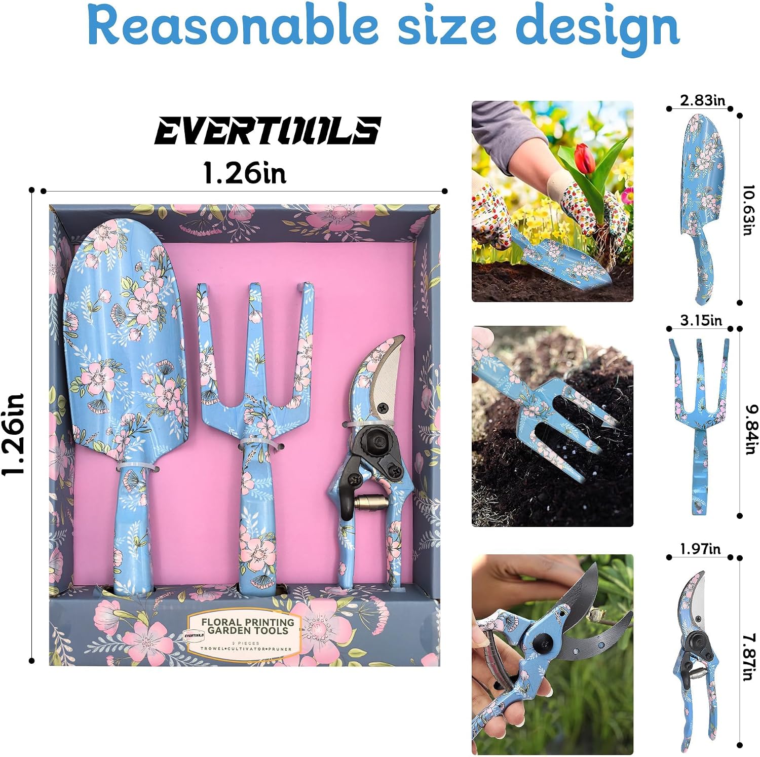 Garden Tool Set, 3 Piece Floral Gardening Tools for Women, Aluminum Gardening Hand Tools with Trowel, Hand Rake &