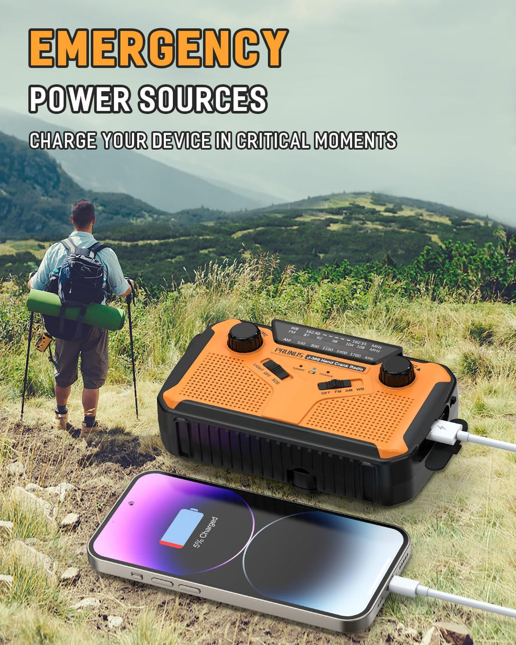 J-369 11100mWh Emergency Weather Radio NOAA/AM/FM | AA Batteries/Hand Crank/Solar/USB Charging, LED Flashlight and