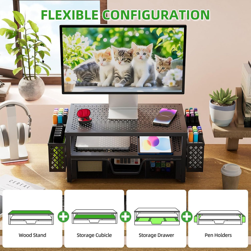 Desk Organizer and Accessories, 2 Tier Computer Metal Monitor Stand Riser with Drawer and Pen Holder for Laptop