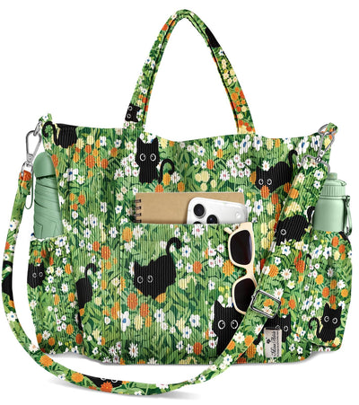 Corduroy Crossbody Tote Bag for Women, Floral Cats