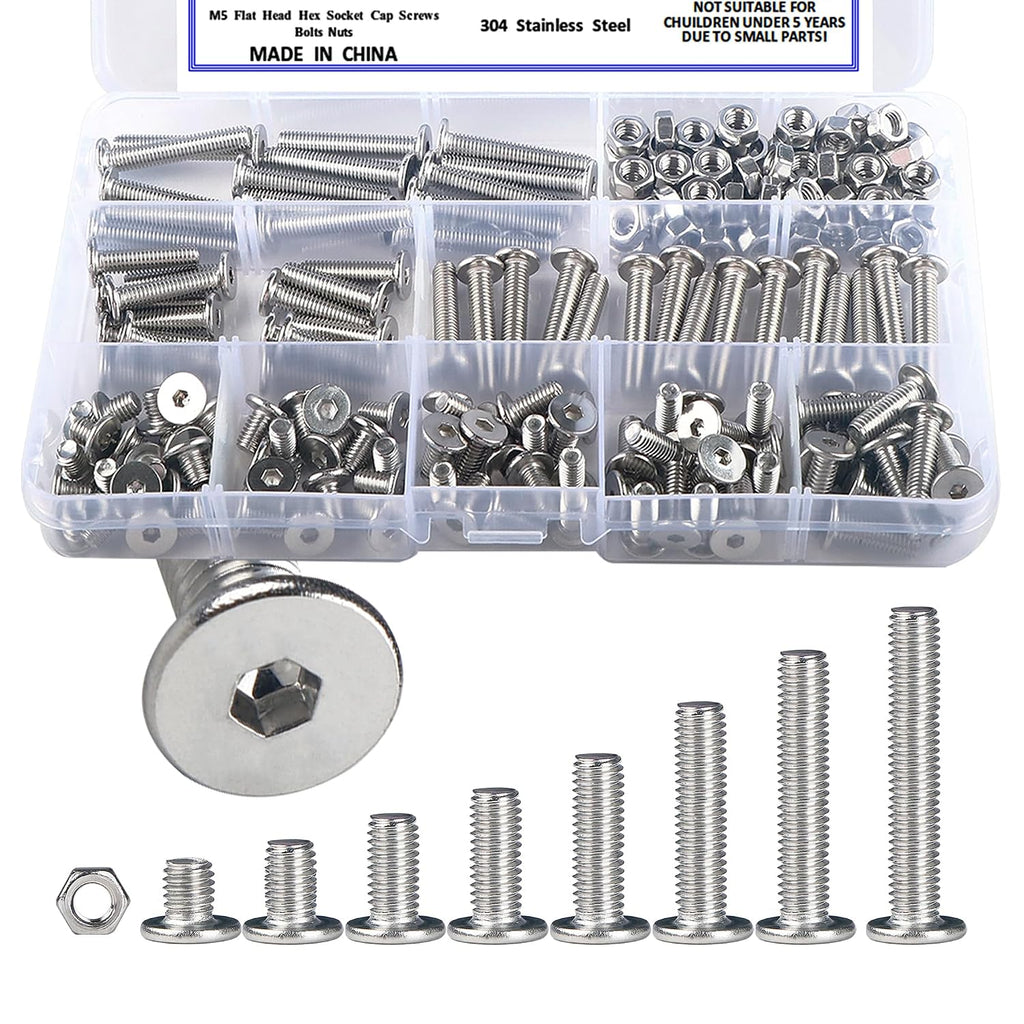 185Pcs M5 Metric Flat Head Hex Socket Cap Screws Bolts and Nuts Kit