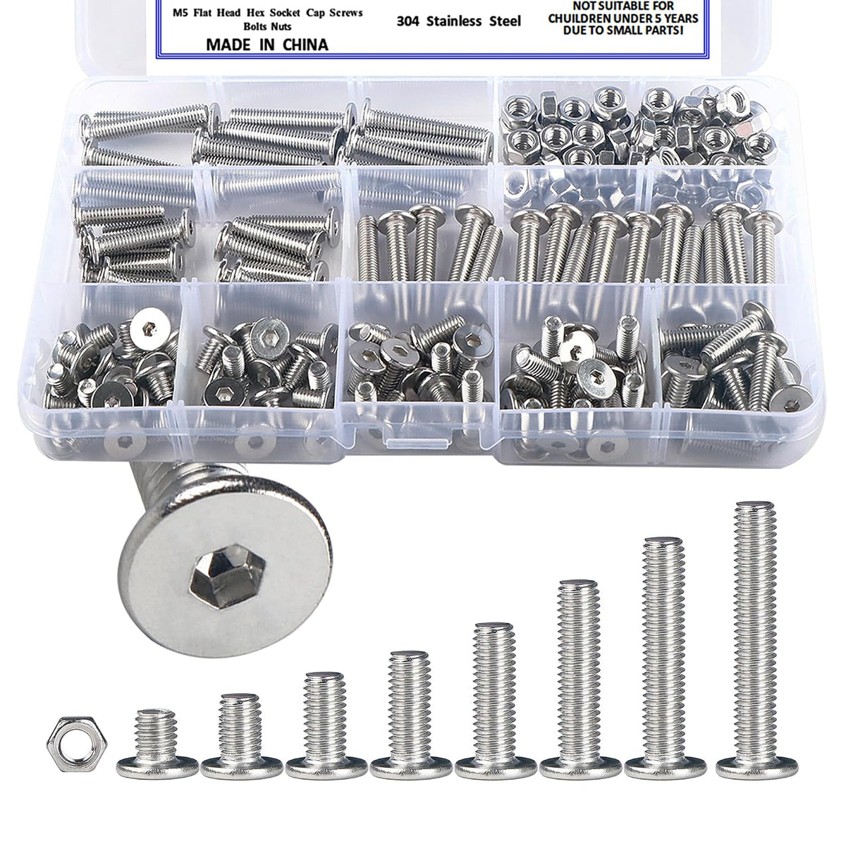185Pcs M5 Metric Flat Head Hex Socket Cap Screws Bolts and Nuts Kit