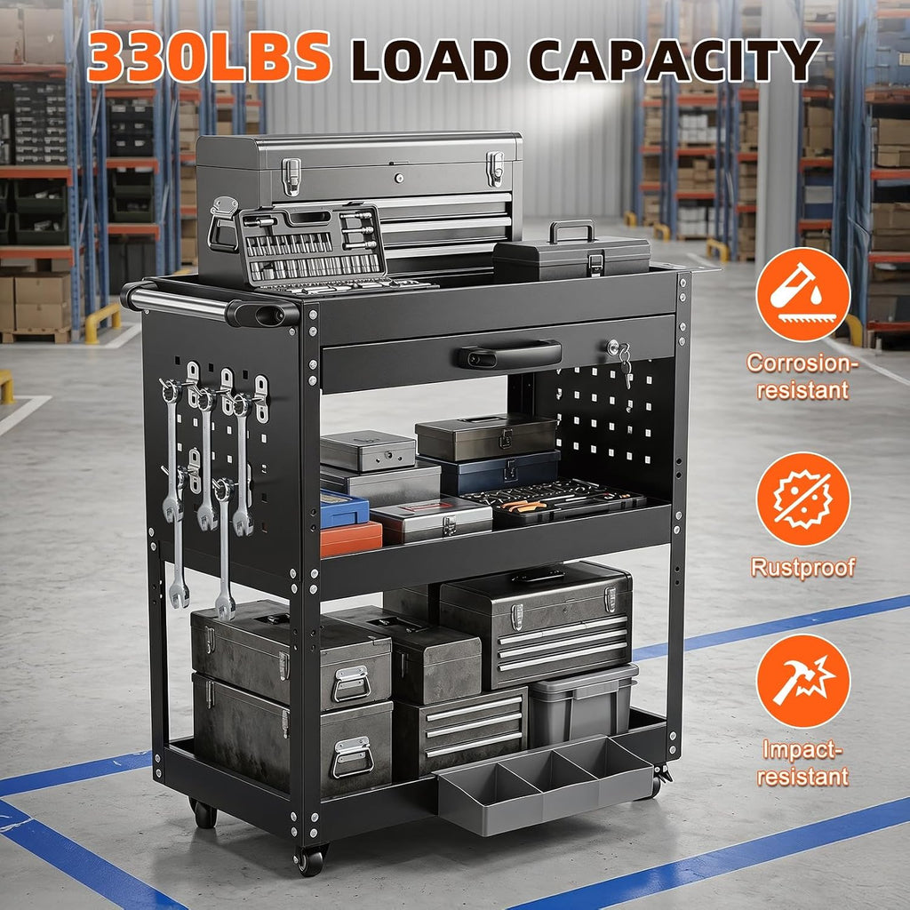 3 Tier Rolling Tool Cart with Drawers, 331 LBS Capacity Mechanic Tool Cart on Wheels, Heavy Duty Utility Cart with
