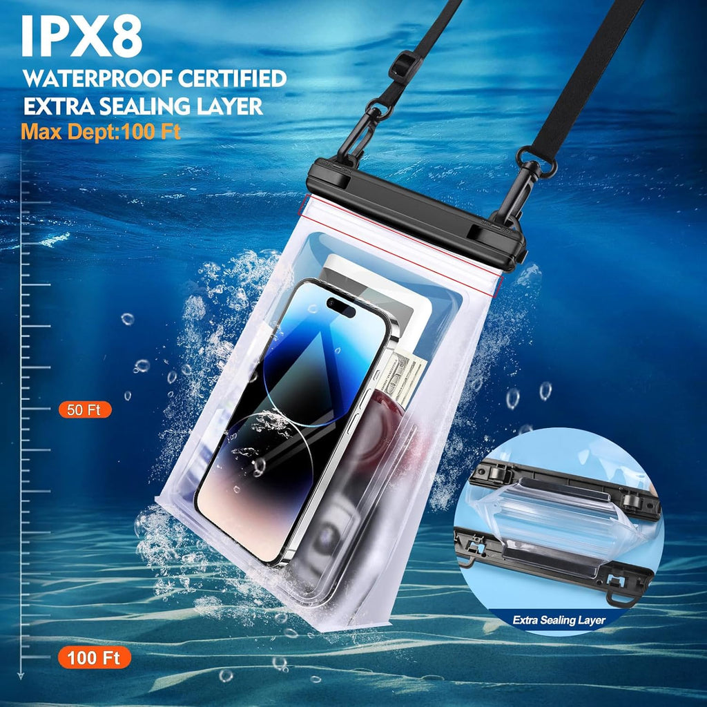 Large Waterproof Phone Pouch [with Sealing Strip], Floating Waterproof Pouch for Kayak Beach Cruise Essentials, IPX8