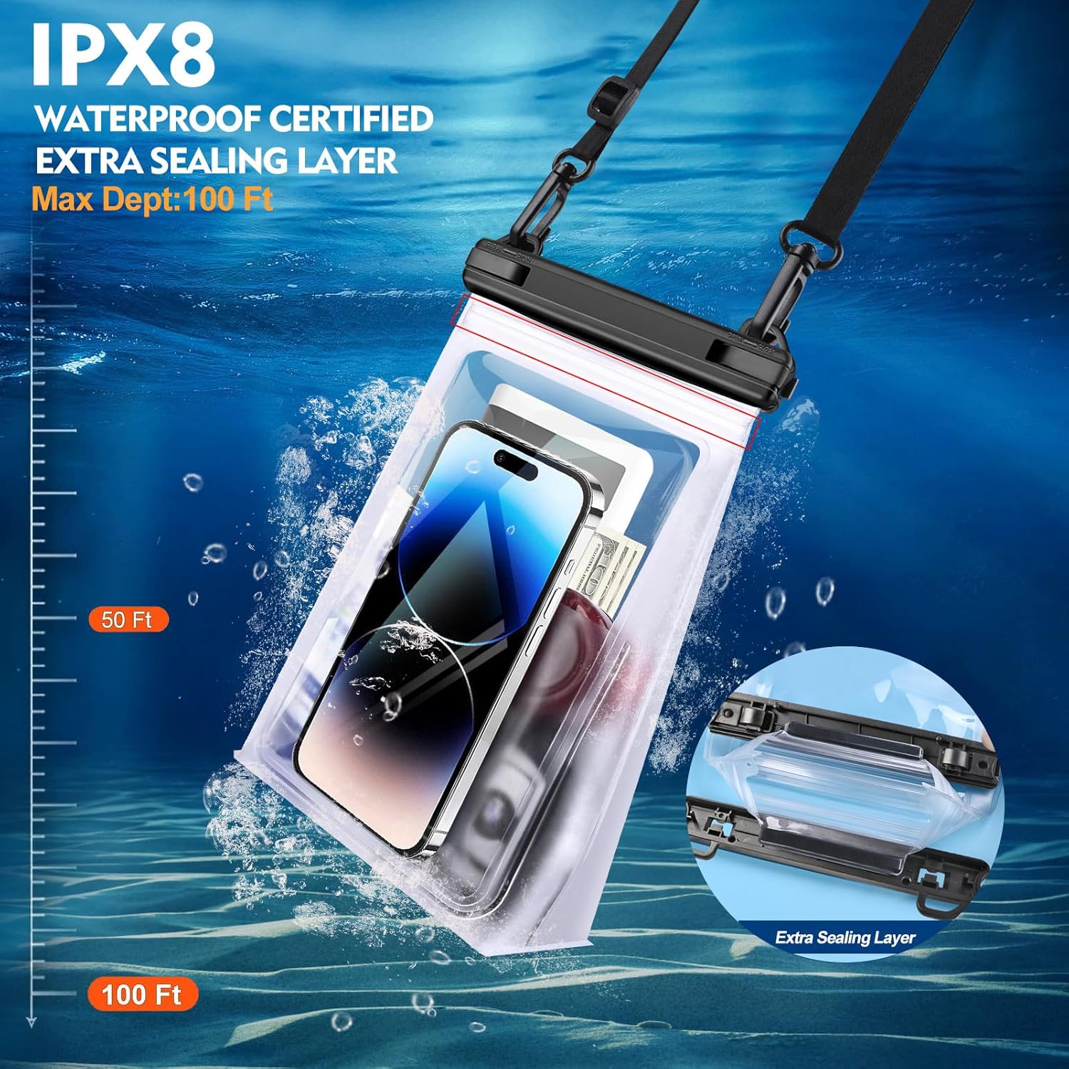 Large Waterproof Phone Pouch [with Sealing Strip], Floating Waterproof Pouch for Kayak Beach Cruise Essentials, IPX8