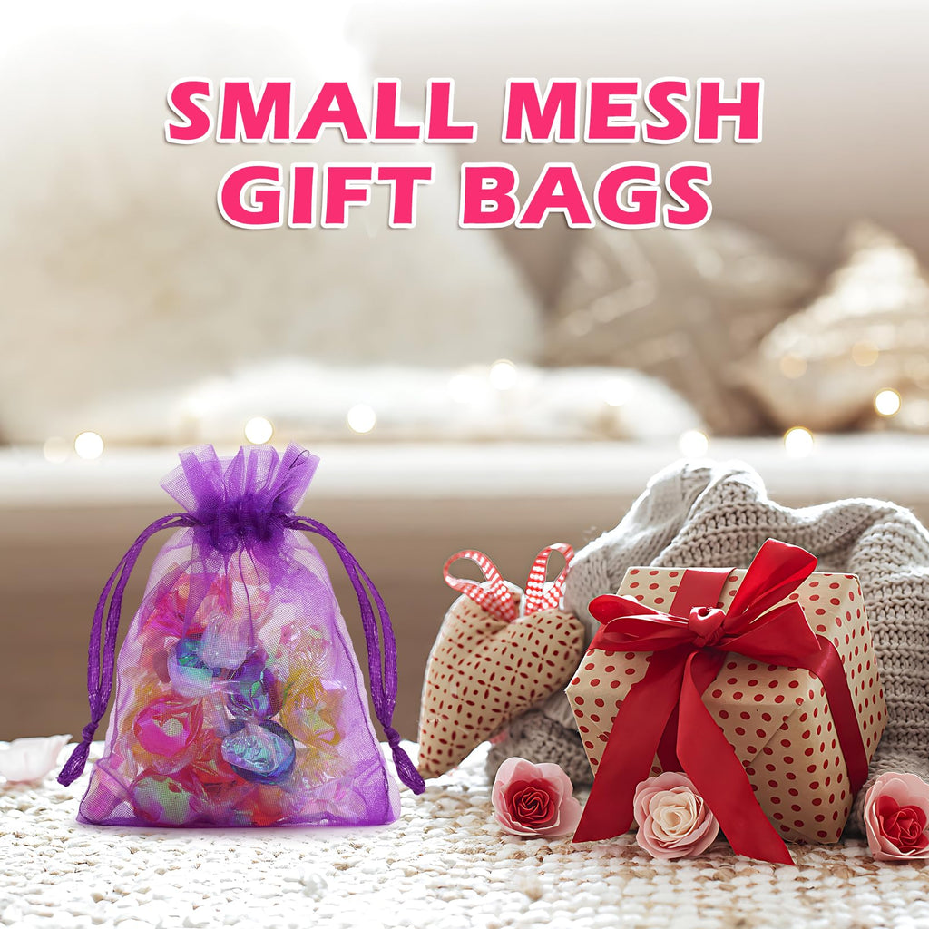 100 Pcs Purple Organza Bags 3×4'', Small Mesh Gift Bag Drawstring