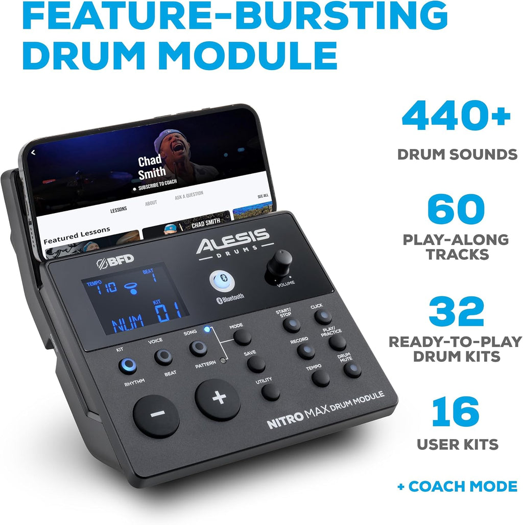 Nitro Max Electric Drum Set | 10" Dual-Zone Snare, 8" Toms, 10 "Cymbals, Quiet Mesh Heads, Bluetooth, 440+ BFD