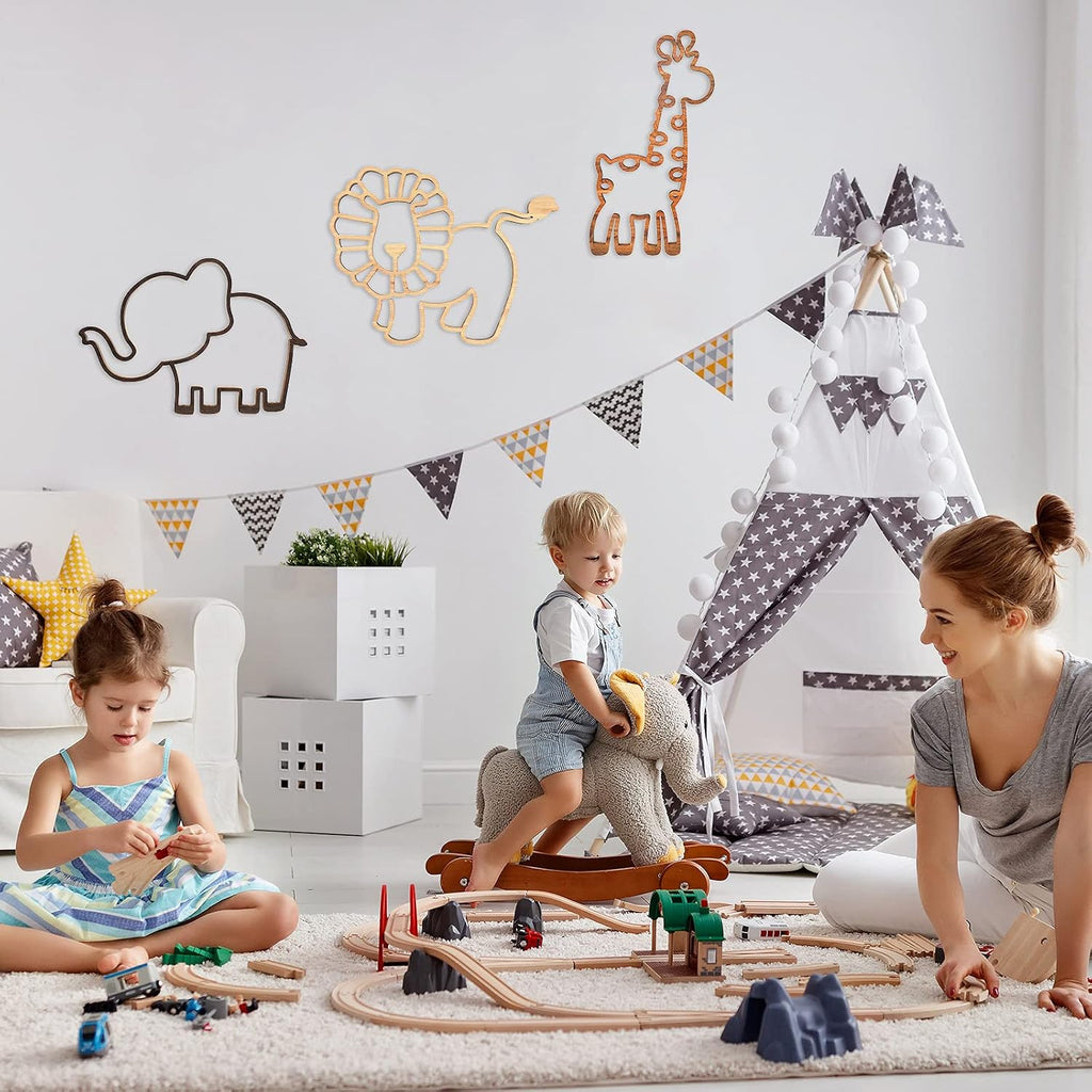 3 Pieces Nursery Wall Decor Jungle Theme Nursery Decoration Wooden Woodland Safari Animal Wall Decor with Glue Points