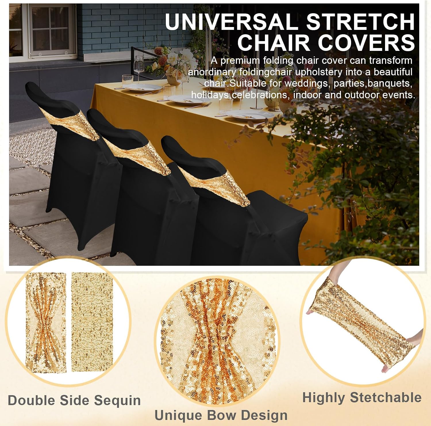50 Pcs Spandex Folding Chair Cover with Sashes Set, Black, Gold