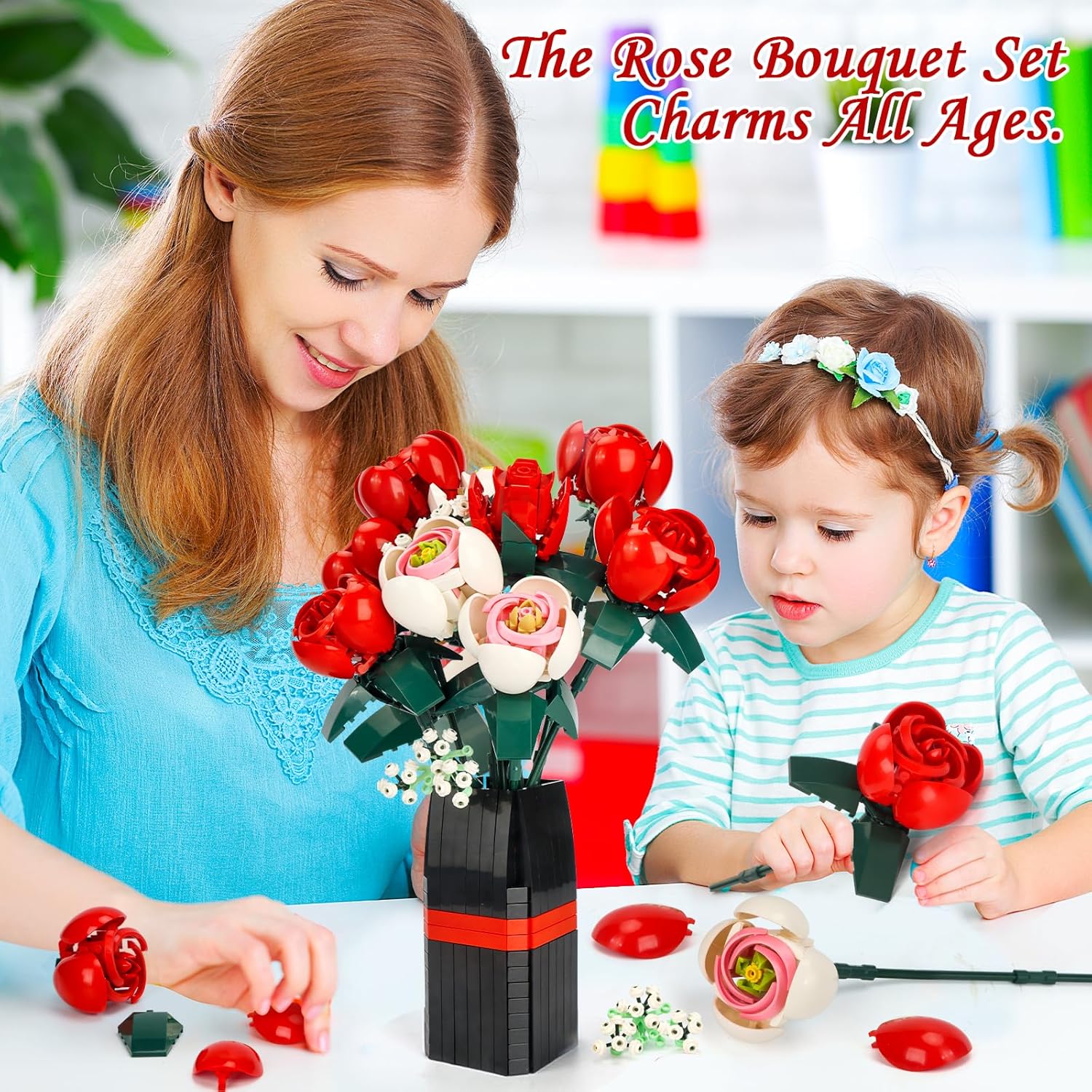 Flower Bouquet Building Set, Artificial Roses Toy Building Set with Vase, Building Blocks Flower Brick Toys for Home