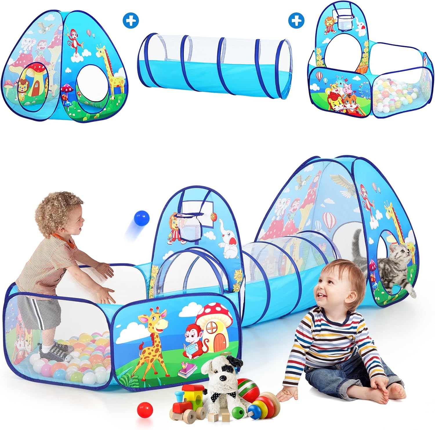 3 in 1 Kids Play Tent with Tunnel and Ball Pit for Boys Girls, Toddler Pop Up Playhouse Toy for Indoor Outdoor