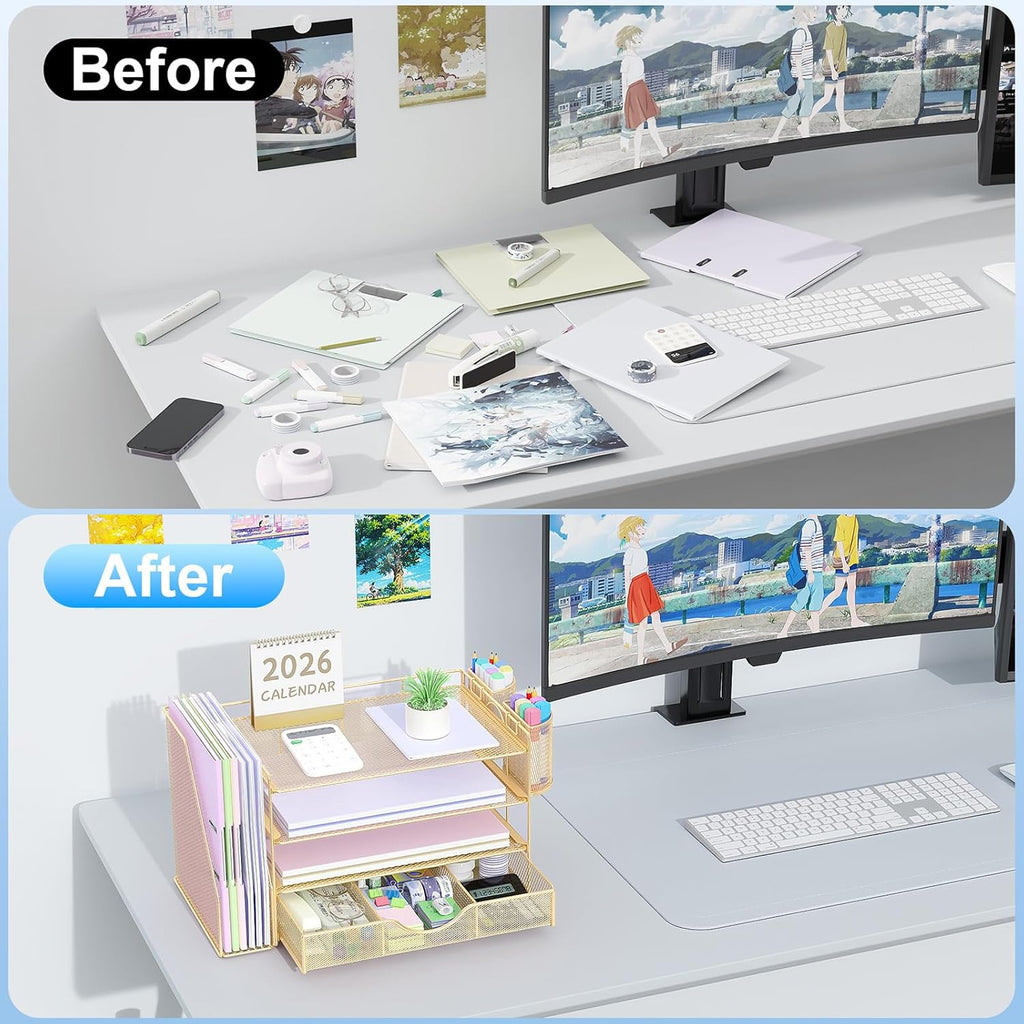 Desk Organizers and Accessories with File Holder, 4-Tier Desk Accessories & Workspace Organizers with Drawer and 2