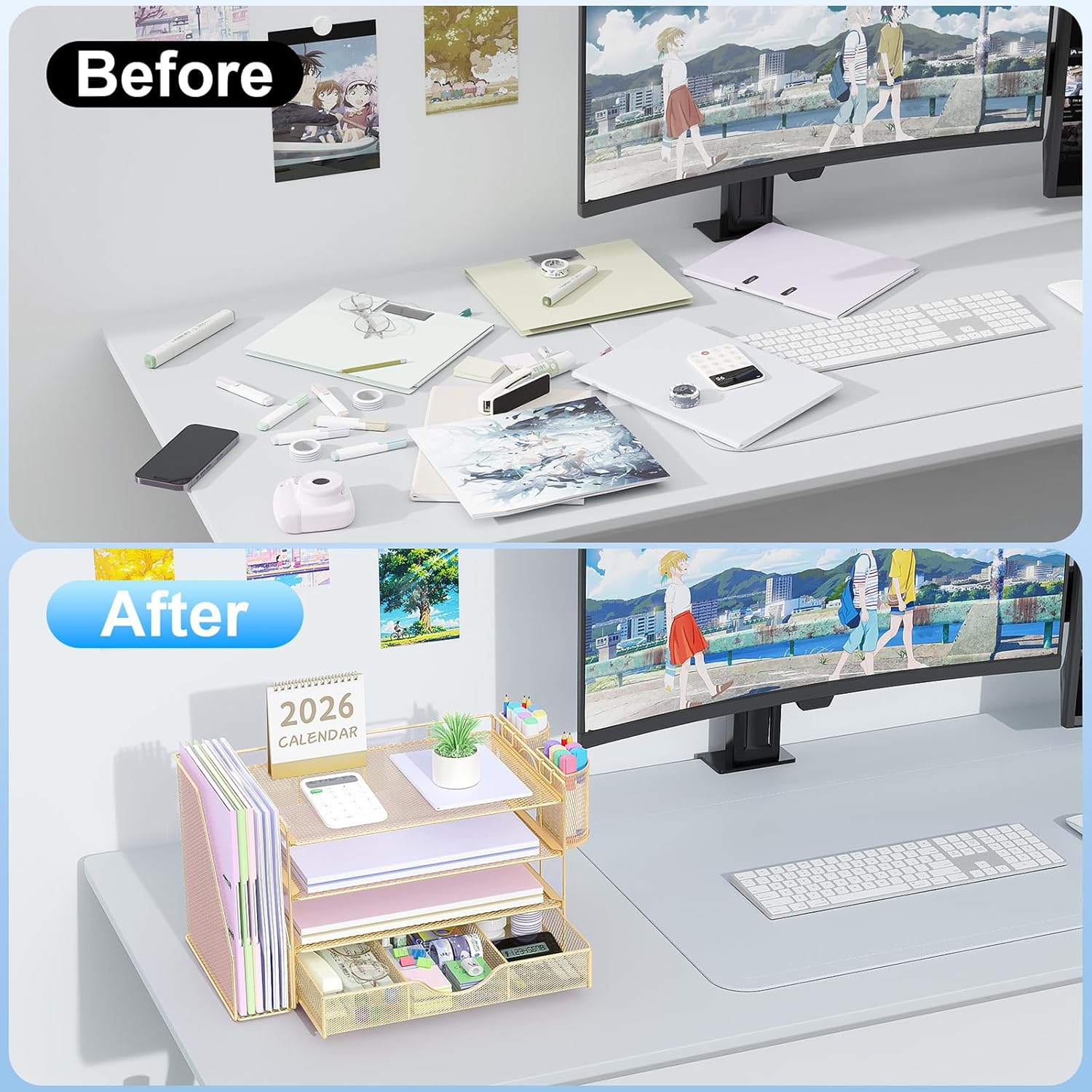Desk Organizers and Accessories with File Holder, 4-Tier Desk Accessories & Workspace Organizers with Drawer and 2