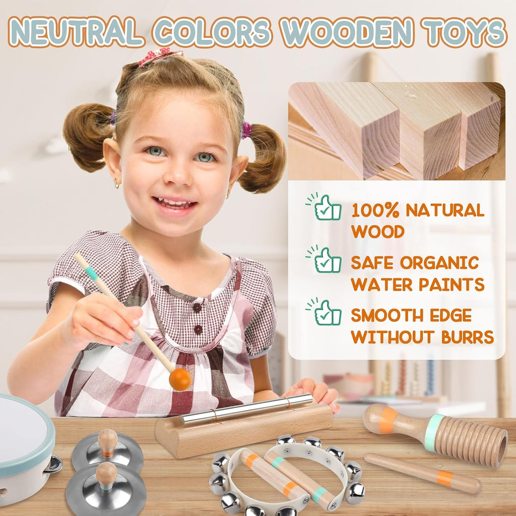 Baby Musical Instruments - Montessori Wooden Musical Toys for Toddlers Kids | 10pcs Tambourine Percussion Instruments