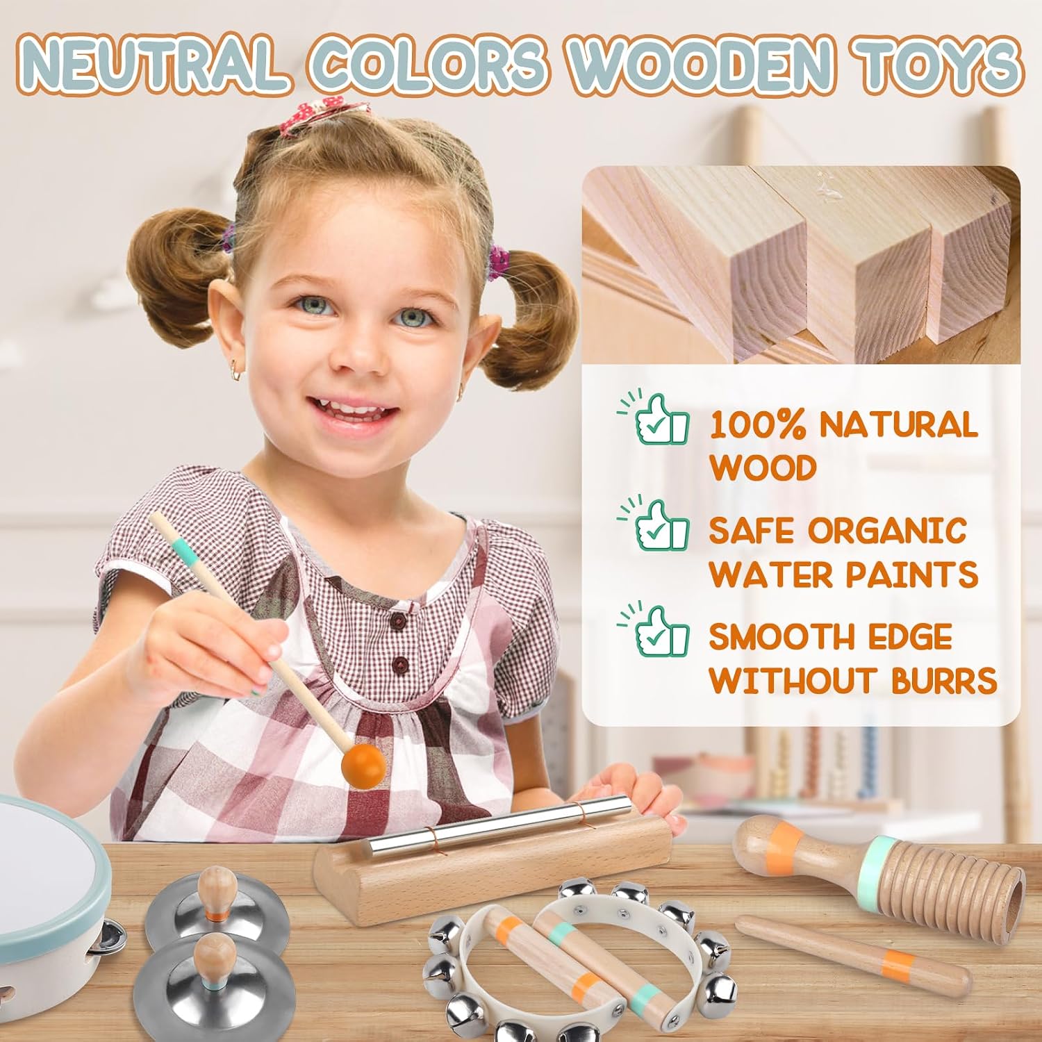 Baby Musical Instruments - Montessori Wooden Musical Toys for Toddlers Kids | 10pcs Tambourine Percussion Instruments