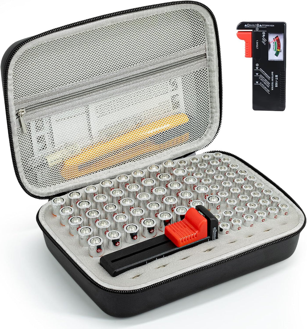 Battery Organizer Storage Case with Tester,88 Slot for AAA AA Button Cells | Mesh Pocket, Carrying Handle, Fireproof