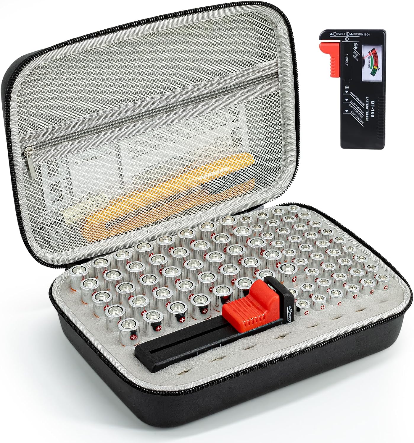Battery Organizer Storage Case with Tester,88 Slot for AAA AA Button Cells | Mesh Pocket, Carrying Handle, Fireproof