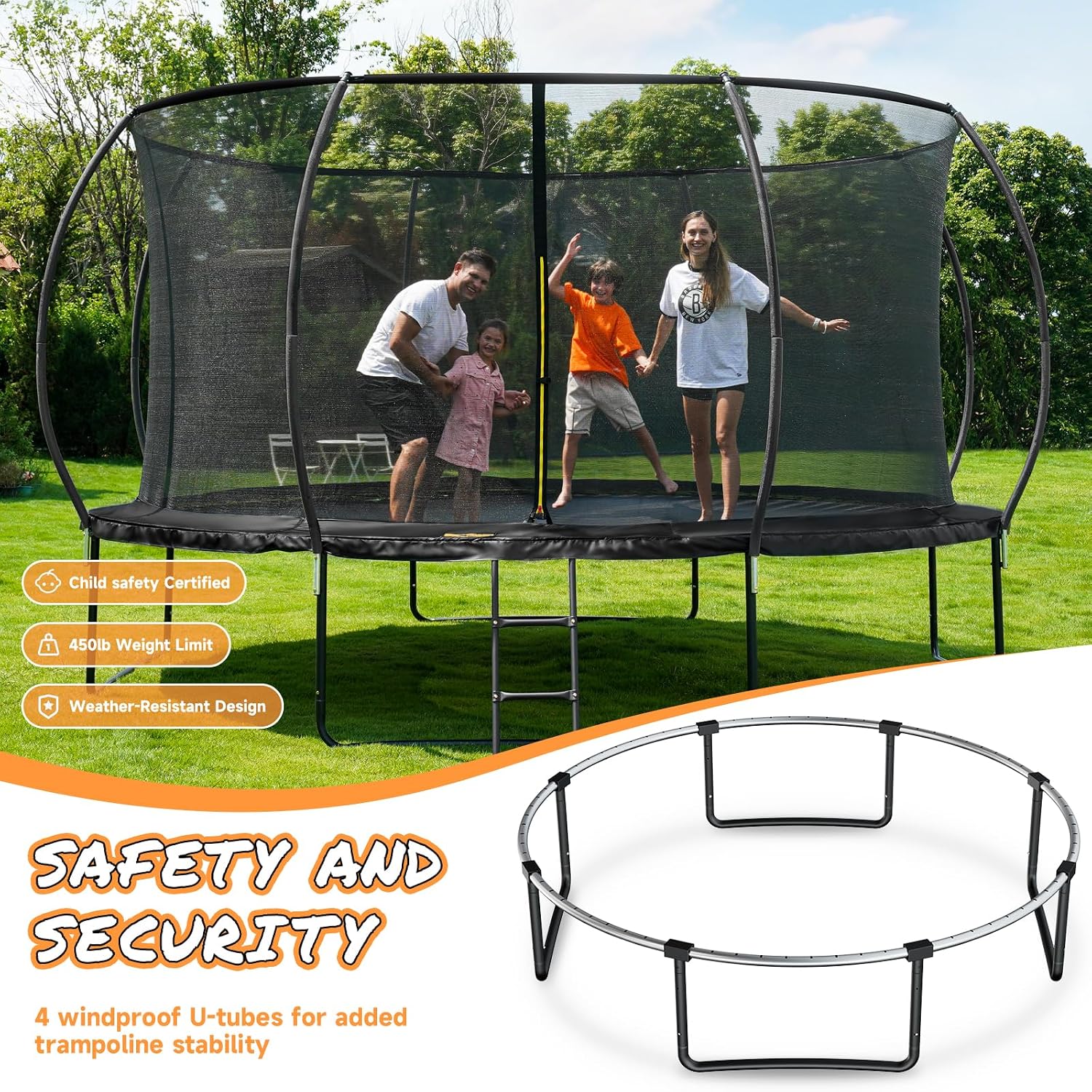 10FT 12FT 14FT 15FT 16FT Outdoor Trampoline with Enclosure Net, Heavy Duty Yard Trampolines, ASTM Approval