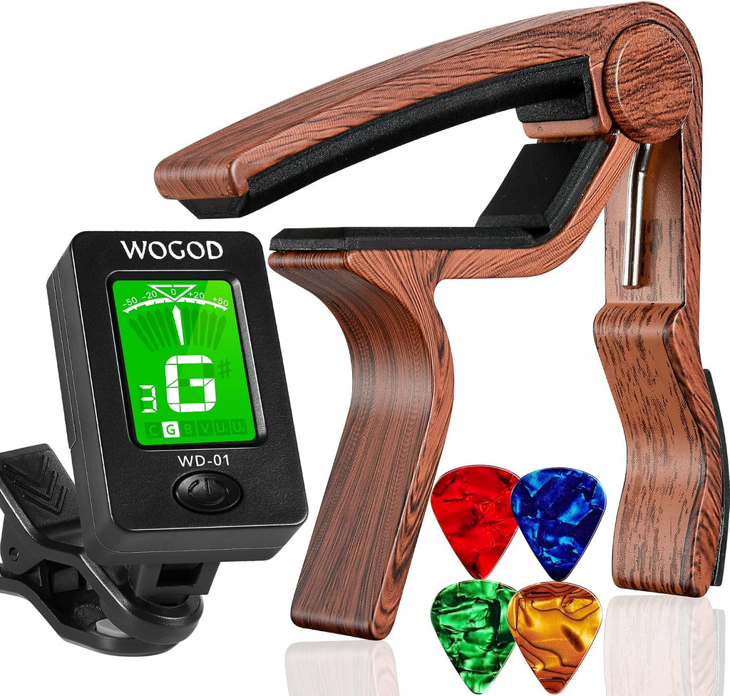 Guitar Tuner and Guitar Capo, Clip-On Tuner with Rosewood Color Capo for Acoustic Electric Guitar Bass Ukulele