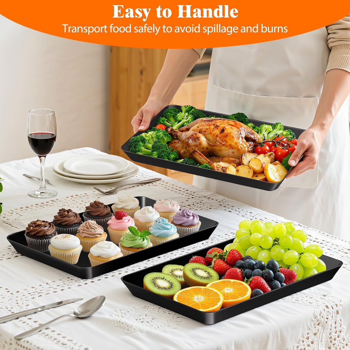 4-Pack Serving Tray Set, Reusable Plastic Serving Platter for Party Supplies, Entertaining, Grilling Accessories