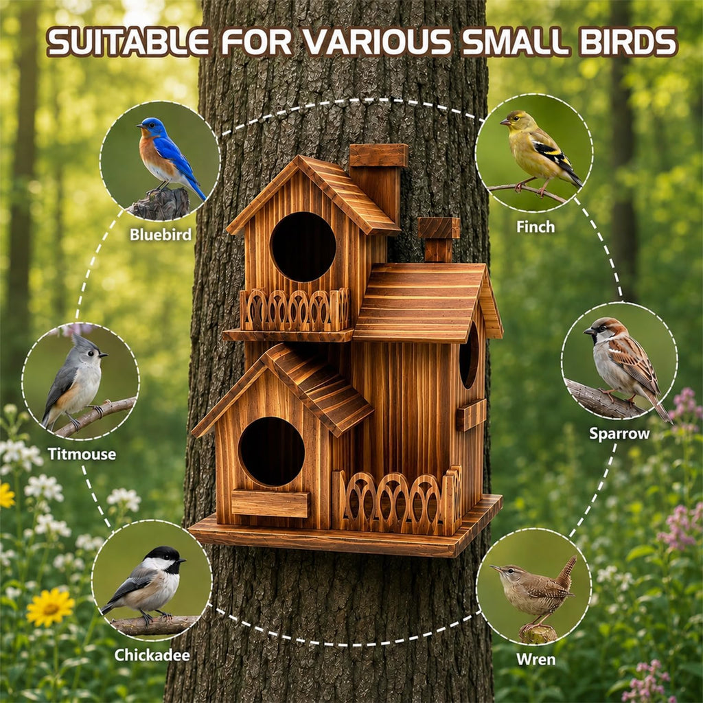 Wooden Bird Houses for Outside, 3 Compartments Villa Hanging Birdhouse, Carbonized Pine Nesting Box for Bluebird Wren
