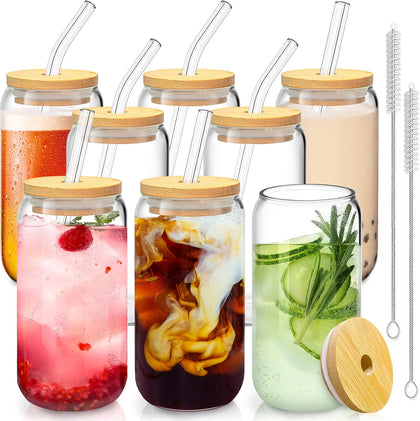 16 Oz Drinking Glasses - 8 Pcs Glass Cups with Bamboo Lids and Straws | Food-grade durable clear tumbler, Coffee bar