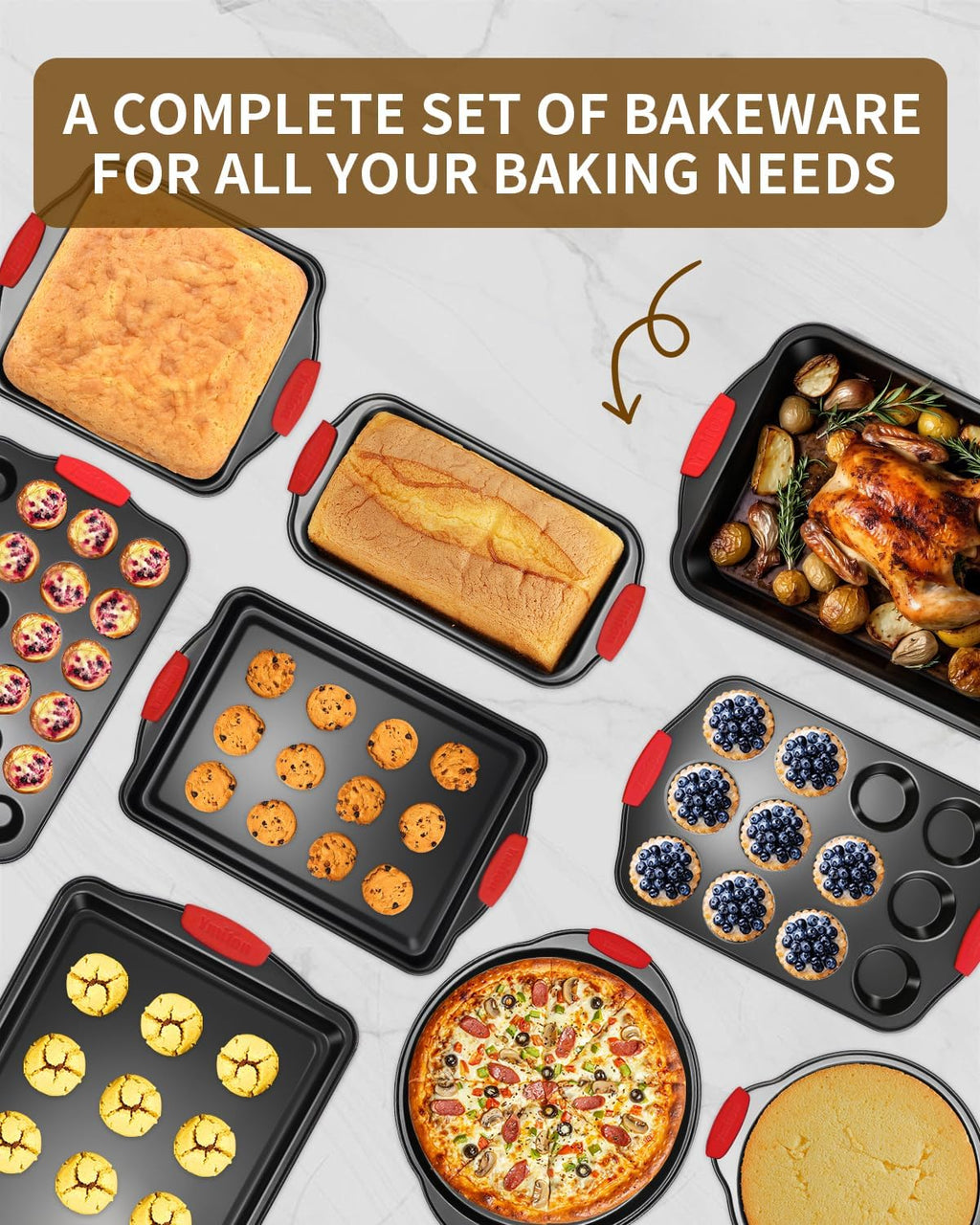 Baking Pans Set with Silicone Handles, 34 PCS Nonstick Bakeware Sets, Oven Pan Set Includes Baking Tray, Cookie