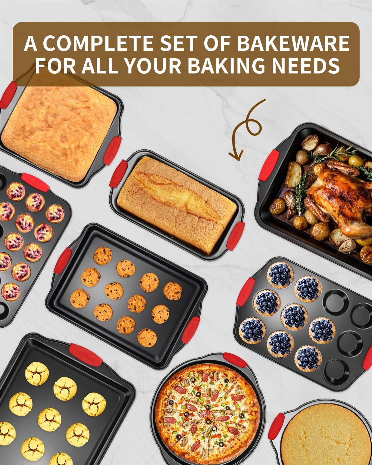 Baking Pans Set with Silicone Handles, 34 PCS Nonstick Bakeware Sets, Oven Pan Set Includes Baking Tray, Cookie
