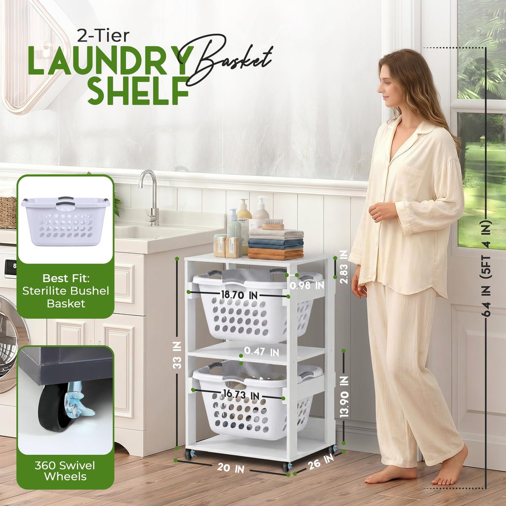 Laundry Basket Holder Shelf, Stackable Laundry Sorter, White, 2 Tier