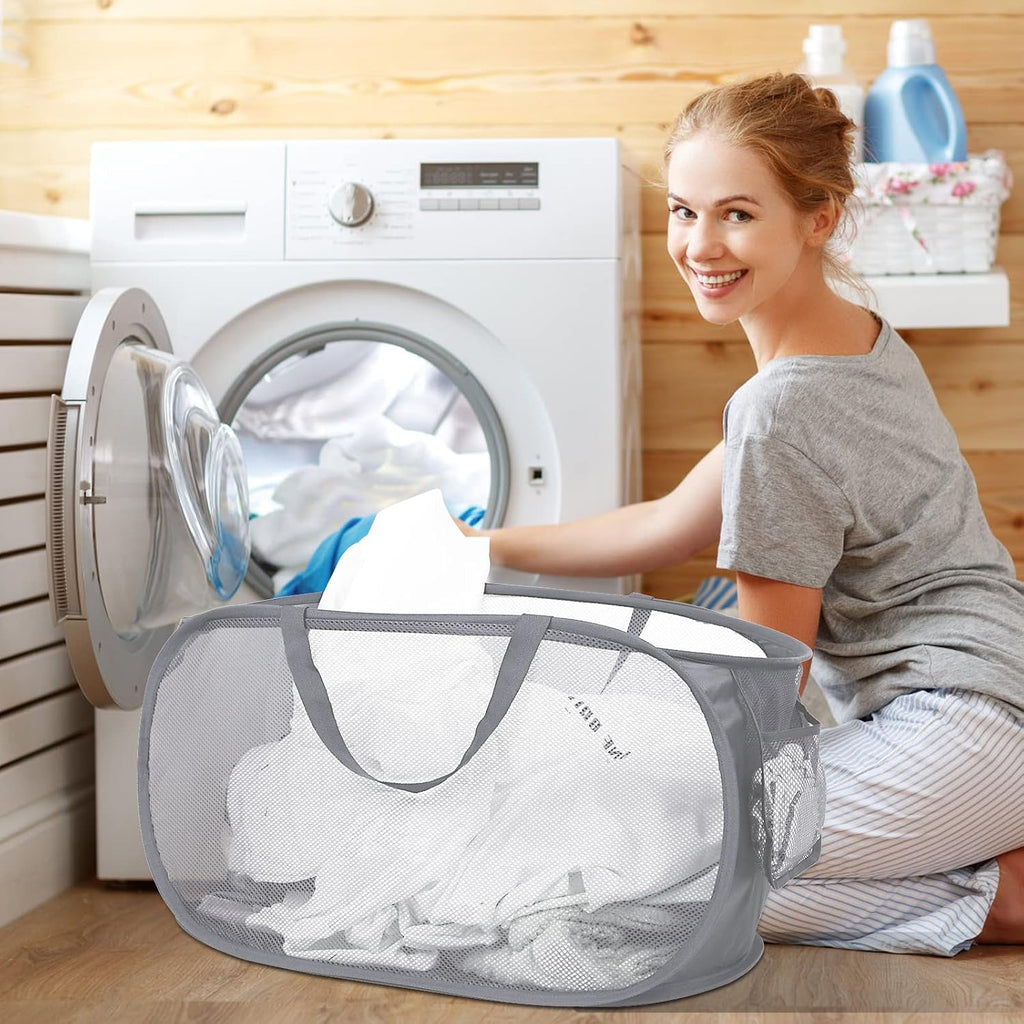 Durable Collapsible Laundry Baskets, Mesh Pop Up Laundry Hamper with Side Pocket, Foldable Clothes Storage Hamper