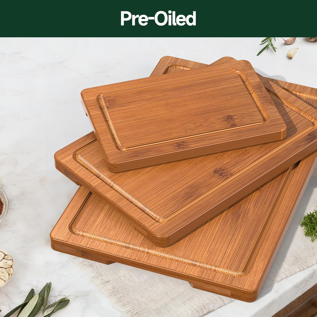 3-Piece Set Bamboo Cutting Board for Kitchen - Crack-Resistant Wood Chopping Boards with Deep Juice Grooves