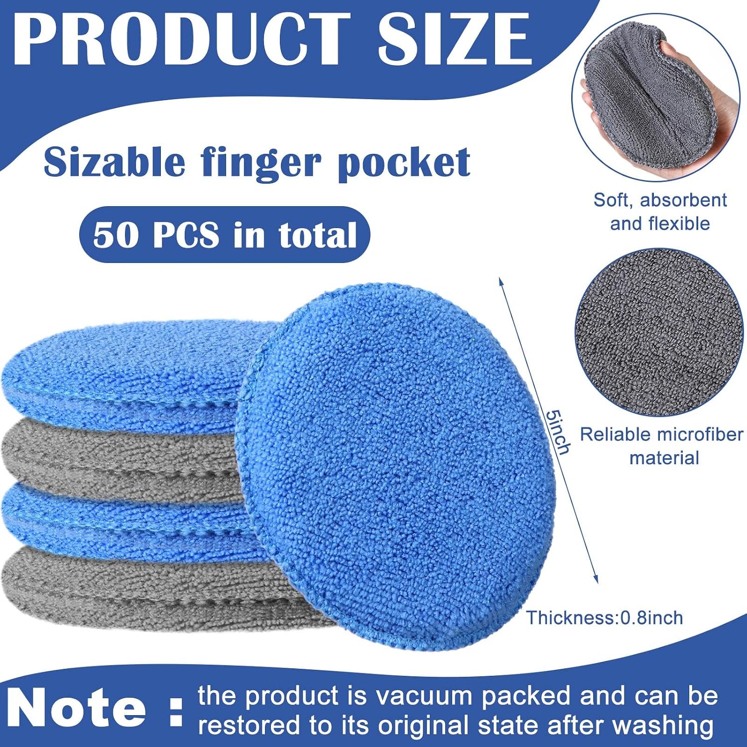 50 Pcs Microfiber Wax Applicator Pad 5 in for Car Wax,Blue, Gray | Soft Car Wax Applicator Pads Bulk, Scratch-free