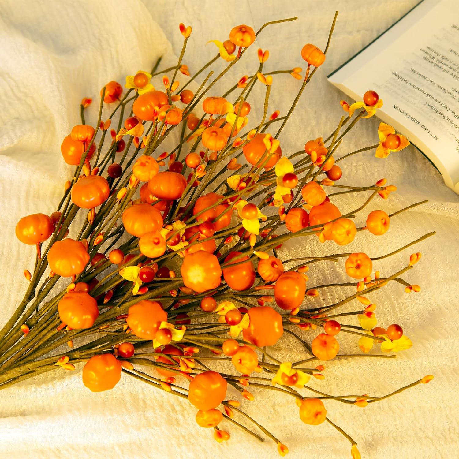 8-Pack Artificial Fall Picks 17" Tall with Mini Pumpkins and Berry | Flexible Fall Stems with Harvest Berries